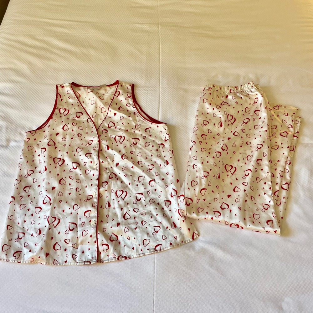Etonne Sarah Richards Womens‎ Satin Pajama Set L Hearts Valentines Day White Red